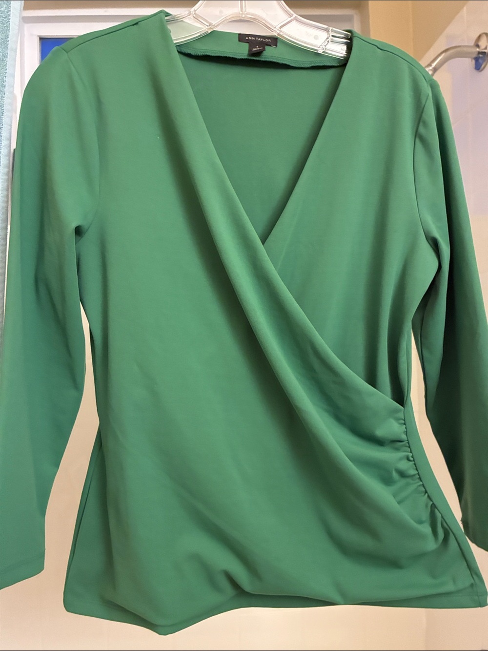 Ann Taylor Emerald Green Faux Wrap Long Sleeve Blouse, size small
